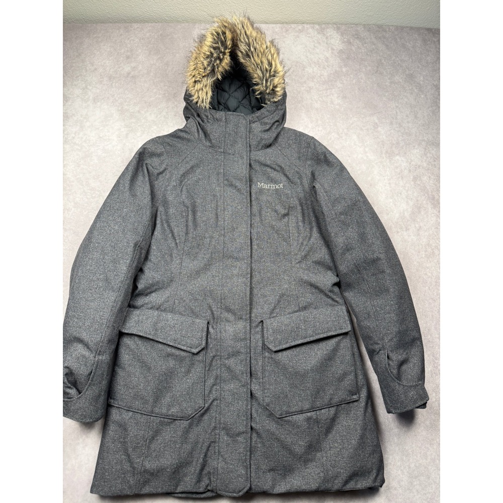 Marmot Chelsea Down Coat Gray Heathered Faux Fur Hood Waterproof Parka Womens M
